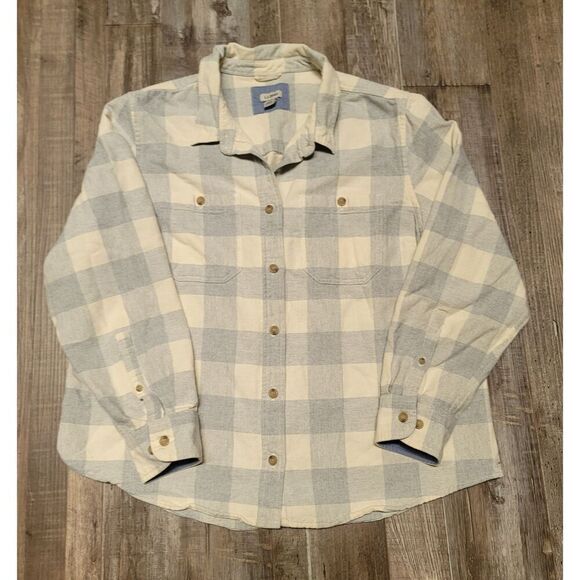 LL Bean Top Women XL Petite Gray Button Up Flannel Shirt Plaid Pockets Preppy - Picture 1 of 8